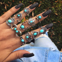 European and American Cross-Border E-commerce Jewelry: Bold European and American Style Turquoise Crescent Moon Cat & Owl 11-Piece Alloy Ring Set