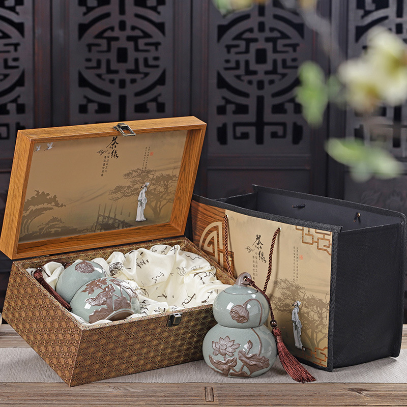 厂家批发绿茶包装盒毛尖花茶高山云雾茶龙井茶葫芦陶瓷罐礼盒定制