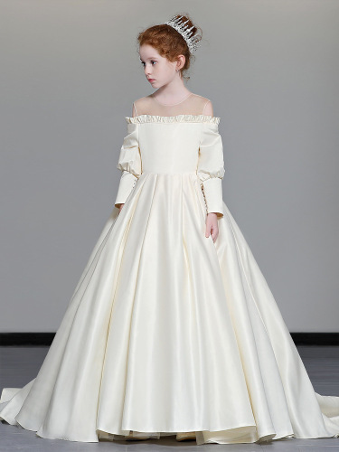 儿童礼服2024新款缎面长袖拖尾公主裙模特女童走秀演出服儿童婚纱