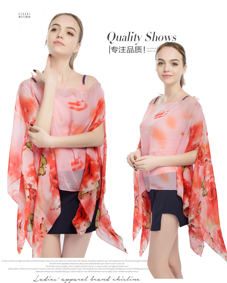 蝴蝶印花雪纺披肩 珍珠扣沙滩巾批发 跨境热销丝巾