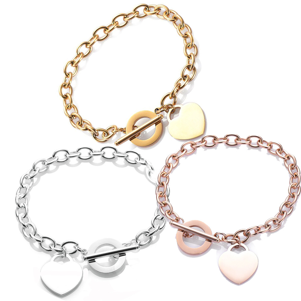 Fashion Love Stainless Steel Bracelet Peach Heart-shaped Letter Rose Gold Bracelet T-shaped Titanium Steel Bracelet Wholesale Nihaojewelry display picture 3