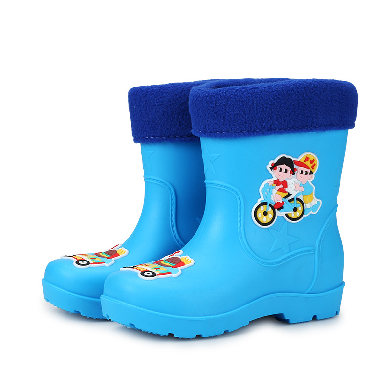 winter Cartoon children keep warm Rain shoes men and women Medium and small PVC non-slip Boots Plush baby student Water shoes