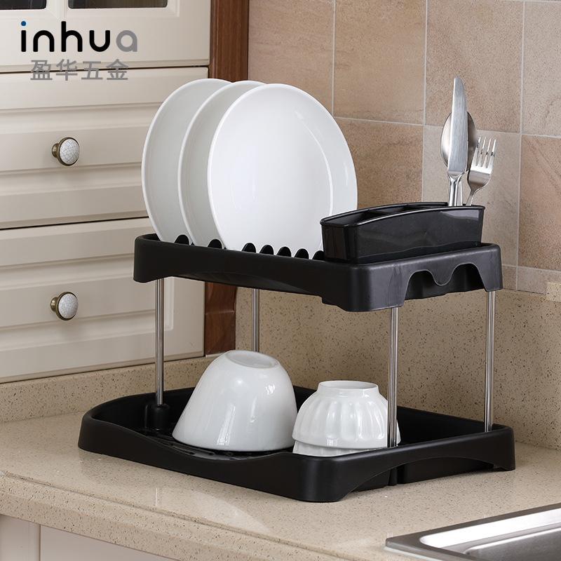 廚房雙層碗碟架黑色簡約居家收納落地瀝水架餐具儲物架