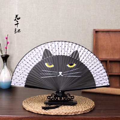 Chinese Fan Chinese Hanfu hand Fan Cat fan * real folding fan * Japanese craft fan * cartoon lady folding fan * * customized