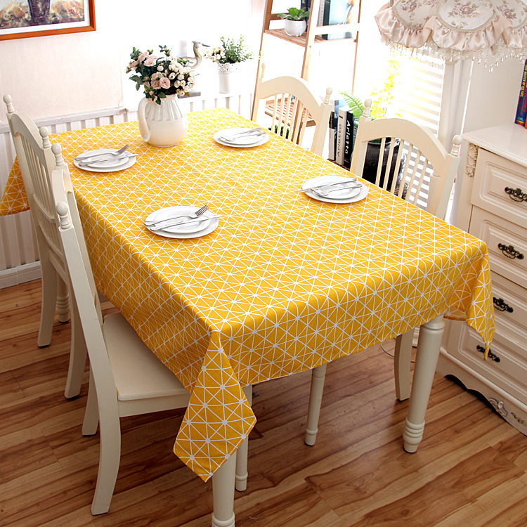 創意棉麻布藝餐桌布zakka幾何線條黃色棋盤方形桌布茶幾布