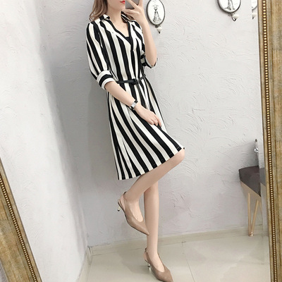 2018新款女装潮夏季修身显瘦雪纺短袖条纹衬衫连衣裙女中长款188