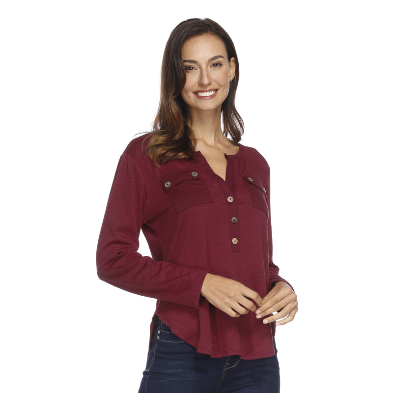 Sexy Deep V Irregular Hem T Shirt Button Pocket Detail Autumn Winter Fashion Top Wholesale Available