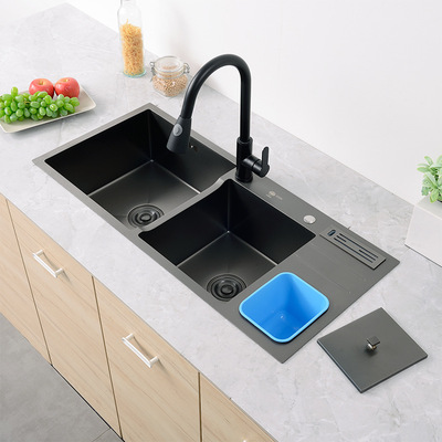 加厚纳米黑色洗菜盆双槽带垃圾桶 不锈钢手工水槽带刀架家用|ru