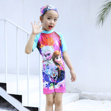 锐游新款儿童泳衣女童卡通半袖防晒速干连体冲浪服潜水服 带泳帽
