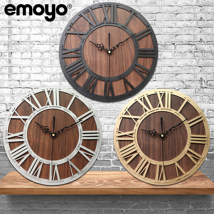 De estilo europeo retro romano de madera digital artesanía Reloj de pared emoyo sala de estar decoración acrílico Reloj de pared reloj creativo