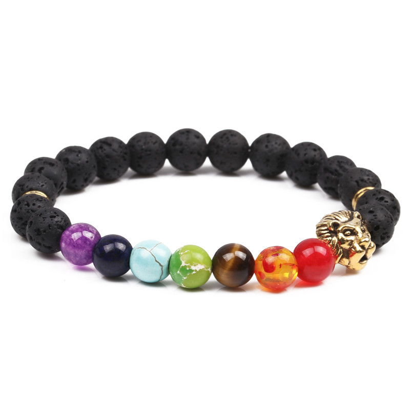 Natural stone colorful chakra energy yoga bracelet 8mm volcanic stone lion head bracelet