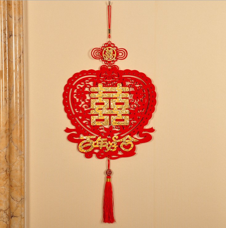 批发结婚婚房床头装饰挂件无纺布贴金喜字挂饰创意植绒贴金挂件