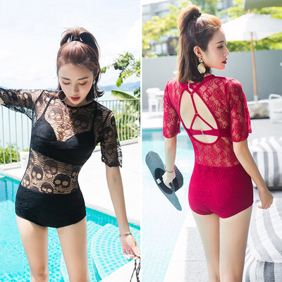 歐美新款女士性感蕾絲泳裝純色镂空比基尼連體平角褲沙灘度假泳裝