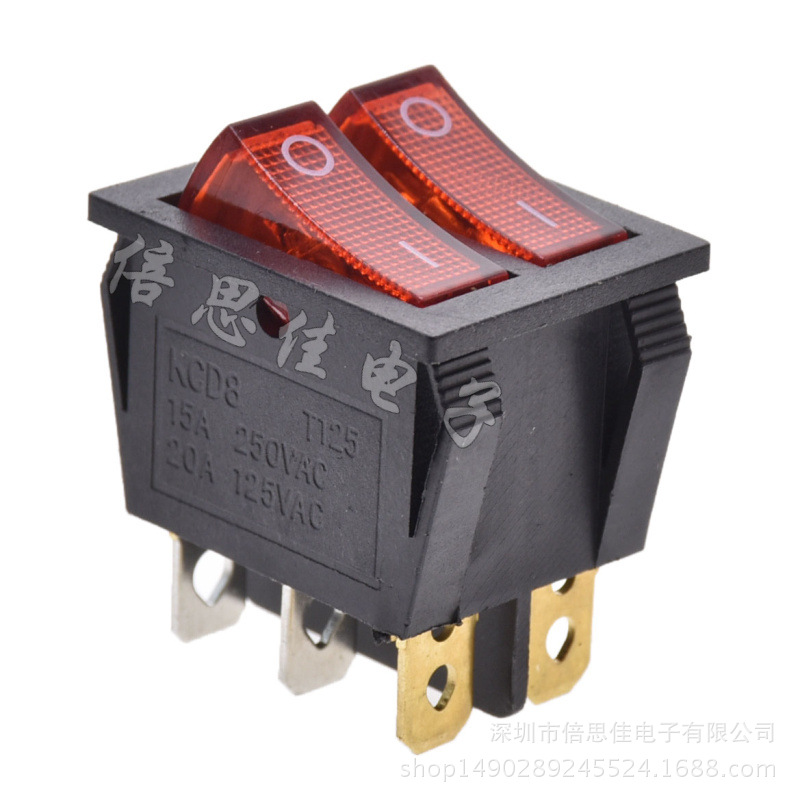 船型开关 KCD3 双联 红灯 6脚2档 带灯 15A 250V 翘板/电源开关