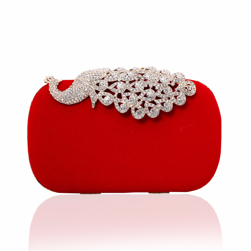 Túi clutch dạ tiệc hình chim công đính đá – tay cầm và dây xích rời — Màu đỏ, Màu tím, Màu xanh lam, Màu đen