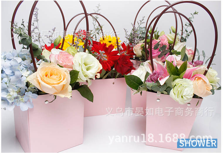 加厚防水牛皮纸花束鲜花手提袋纸袋拎袋打包花袋礼品包装花袋粉色