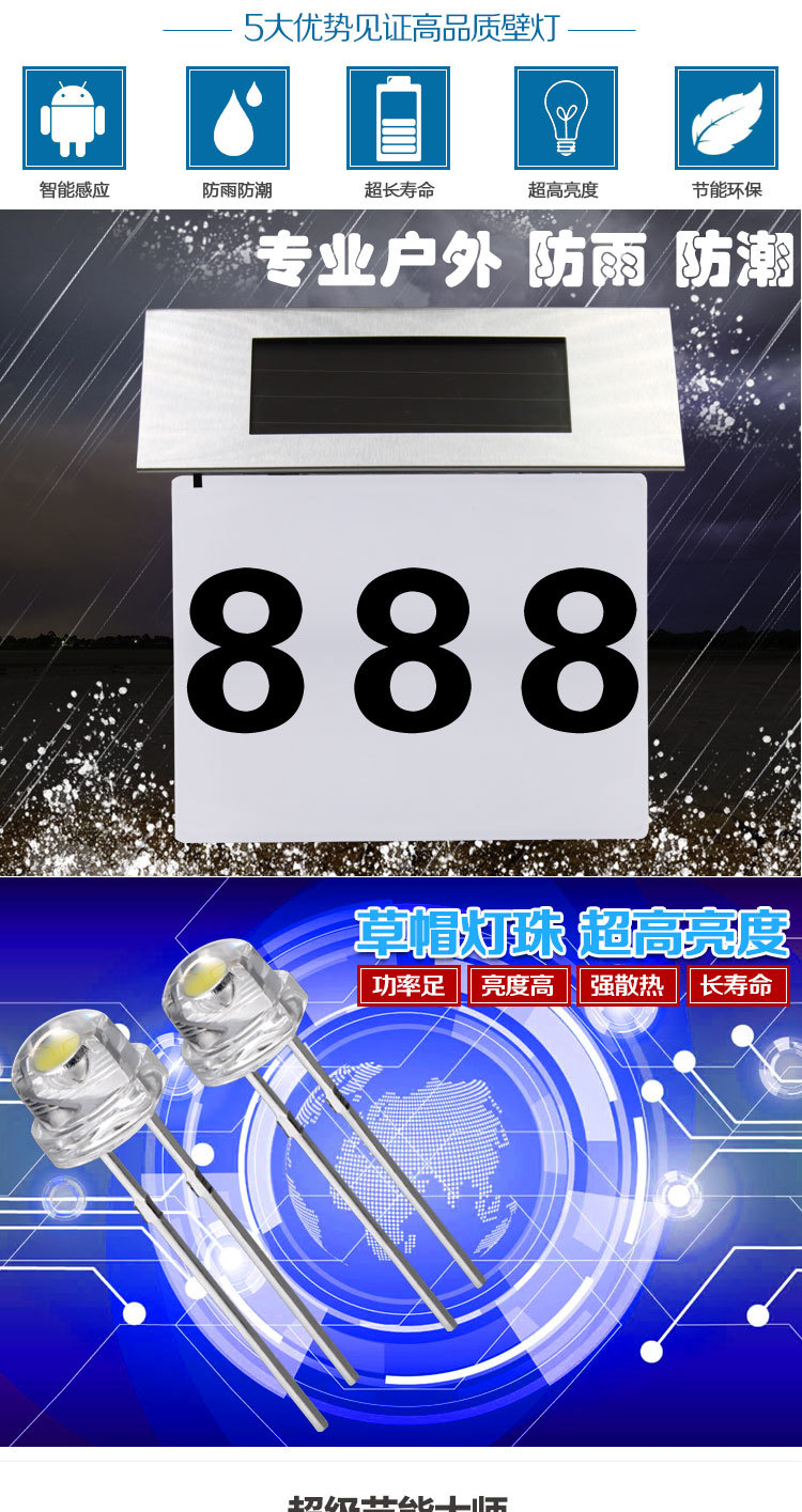 户外太阳能LED门牌灯防水不锈钢灯具门牌号含数字和字母贴号码灯-阿里巴巴