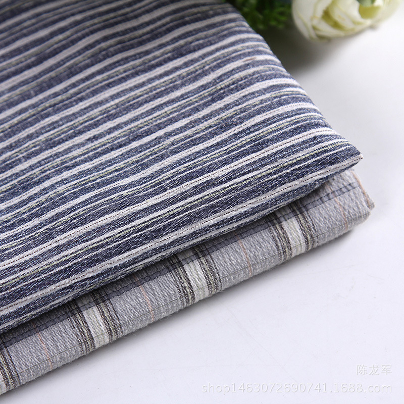 厂家供应 新款麻类色织条纹衬衫面料 泡泡起皱弹力服装面料