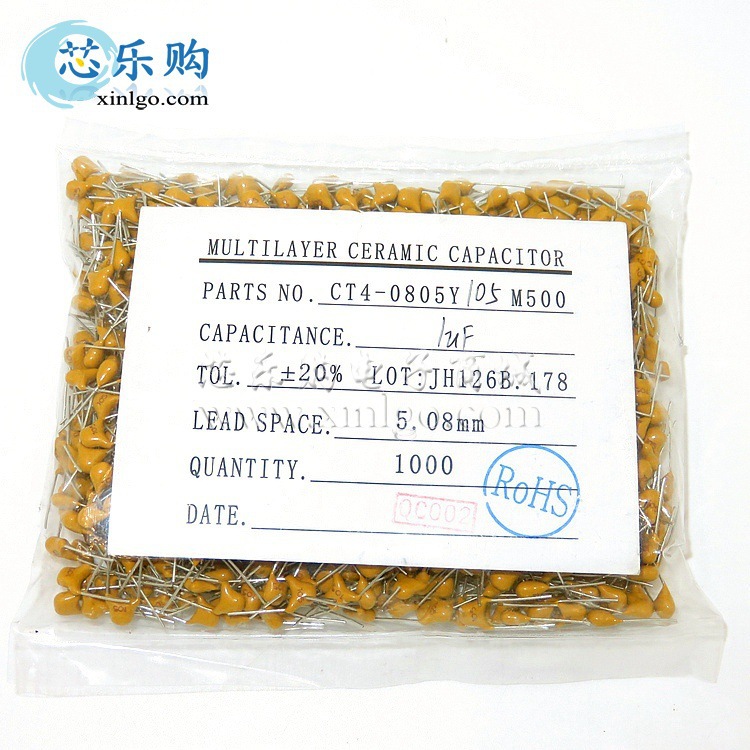 独石电容 105M 1UF 50V 间距5.08MM 瓷片电容 电容器