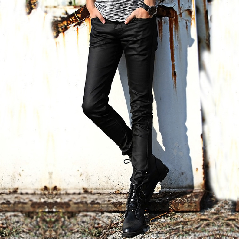 Limited Edition Glossy Trendy Men's Autumn New Black Coated Jeans Slim Fit Pants Men's Trendy Korean Style