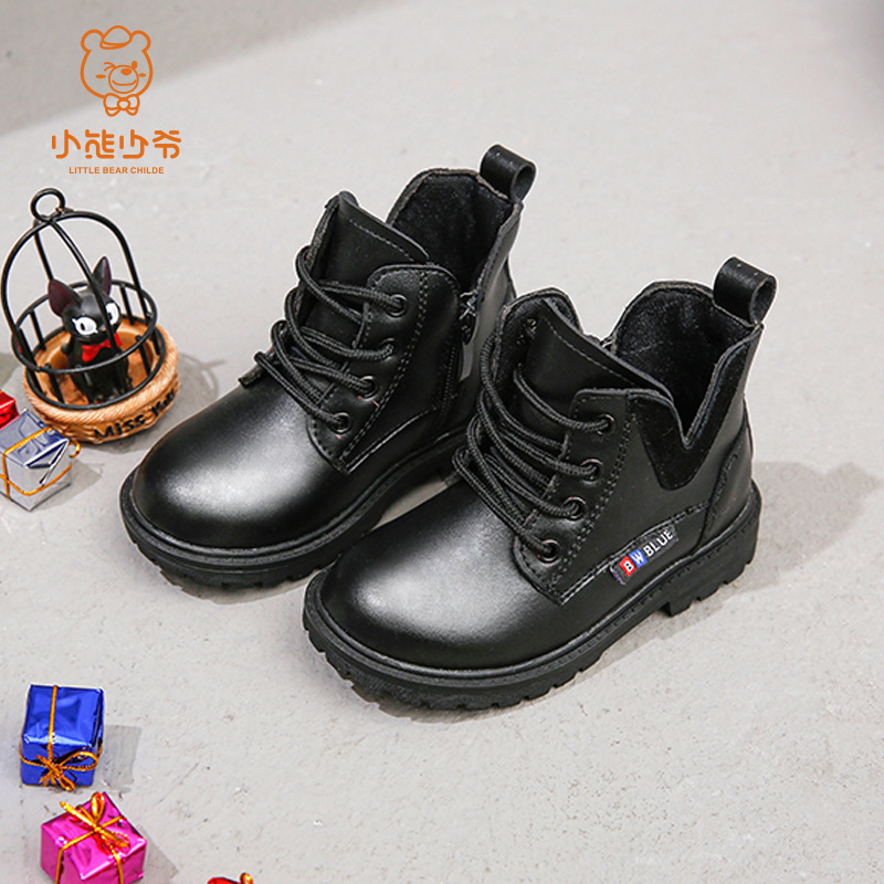 Little Bear Gentleman 2018 Autumn/Winter New High-Top Children's Martin Boots with Front Laces, Trendy Boots, Snow Boots with Fleece Lining and Thickened Design