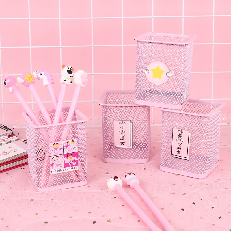 少女粉色笔筒 学生清新桌面储物收纳袋 办公用品文具收纳笔筒