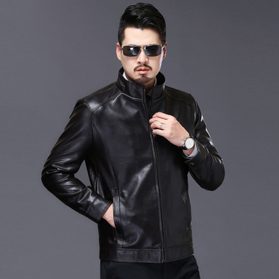 winter 2018 New products man Goatskin leather clothing Stand collar leisure time zipper middle age Fit leather clothing