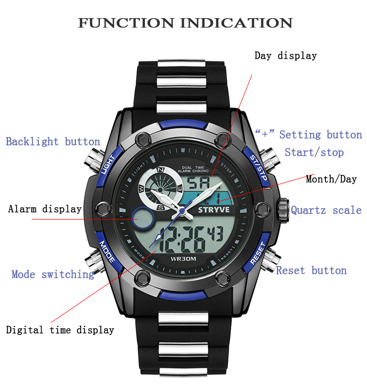 STRYVE新款S8006男士时尚运动手表防水多功能双显手表学生手表详情3
