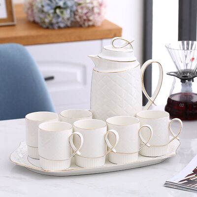 陶瓷浮雕网格家用水杯8件套耐高温冷热水壶欧式水具茶壶套装批发|ms