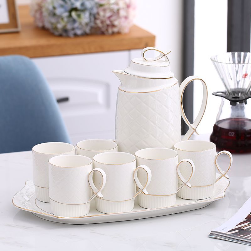 陶瓷浮雕网格家用水杯8件套耐高温冷热水壶欧式水具茶壶套装批发|ms