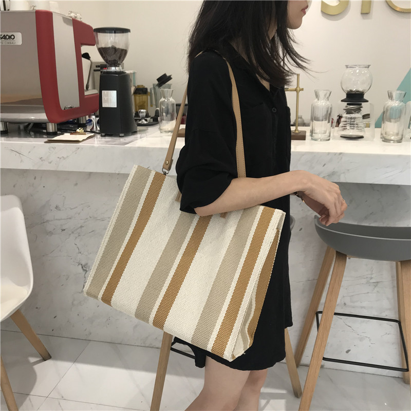 Korean Retro Striped Large Capacity Canvas Bag display picture 5