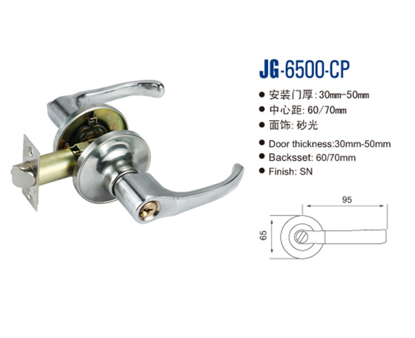 Cerradura de la manija de la columna de la marca Jiague JG-6500-cp puerta de aleación de aluminio puerta de acero de plástico puerta plana cerradura de la manija de aleación de zinc