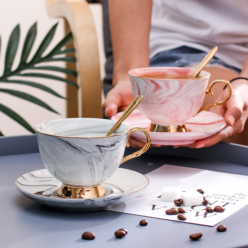 ins轻奢风咖啡杯碟套装大理石纹杯碟陶瓷杯子婚庆情侣对杯定制