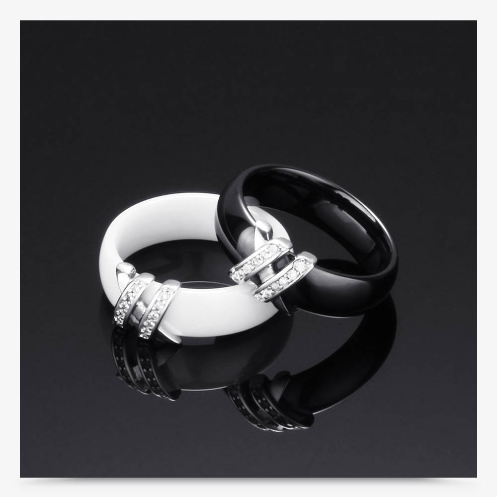 Creative Ceramic Black White Double X Inlaid Diamond Titanium Steel Ring display picture 2