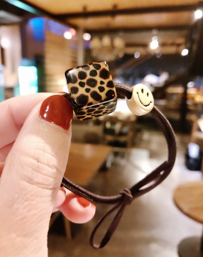 Acrylic Hair Rope, Korean Style Elastic Ponytail Holder with Smile-Bead & Leopard Block Accent