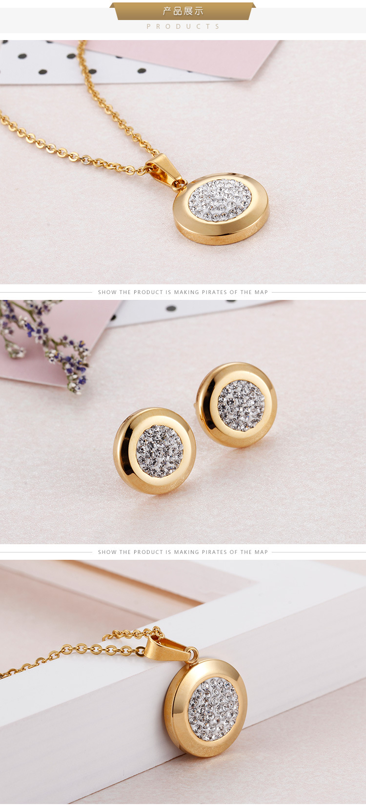 Titanium steel sticky diamond necklace earrings set wholesale