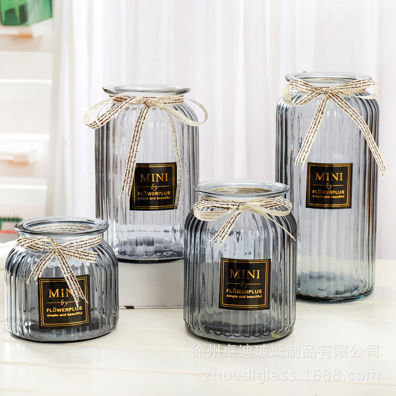 欧式创意玻璃花瓶透明彩色竖棱水培工艺玻璃花瓶客厅装饰插花摆件