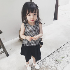 Girls' set checkered A-line vest and wide-leg pants 24 summer new fashion export children's clothing one piece for 2-7 years old 