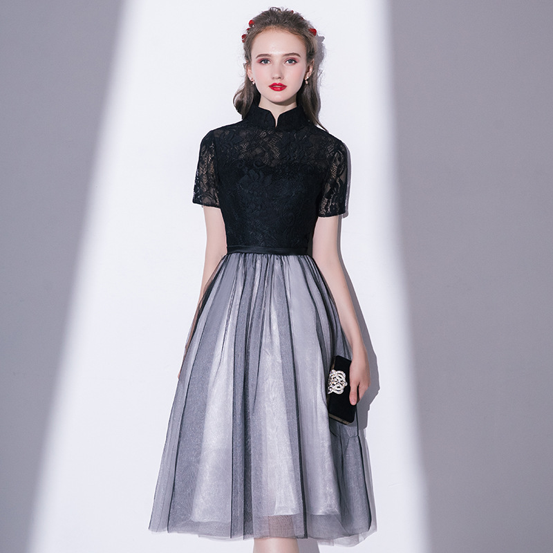 Vestido de Noche Estilo Chino para Banquete, Modelo 2025, Elegante y Digno, Vestido Negro Mini Entallado para Graduación, Vestido para Mujer