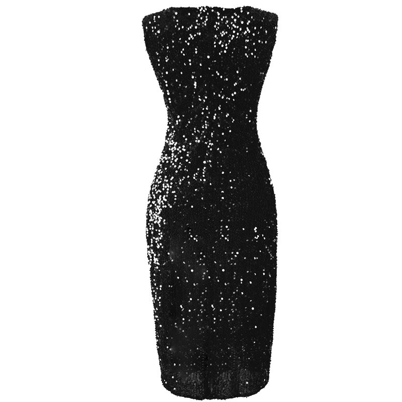 Sleeveless Crew Neck All Over Sequin Midi Dress, Velvet Base High Side Split Asymmetrical Hem Bodycon Cocktail Party Dress 4 Colors_ecoleips.com