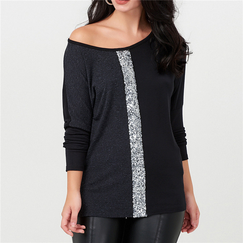 splicing sequined casual long-sleeved top  NSGE37730