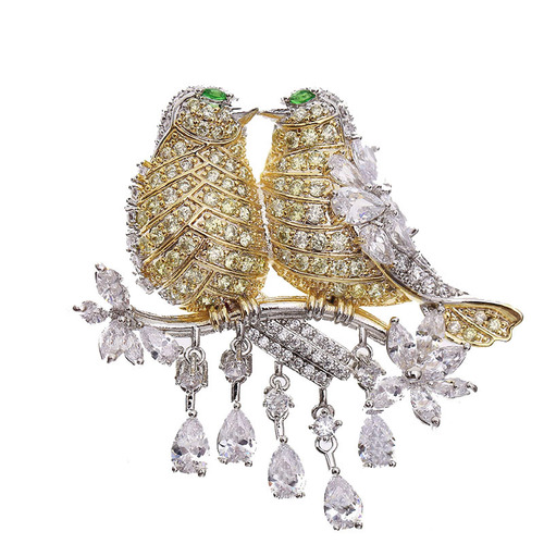 Korean version of light luxury color zircon high-end brooch women's suit accessories brooch couple bird love bird corsage