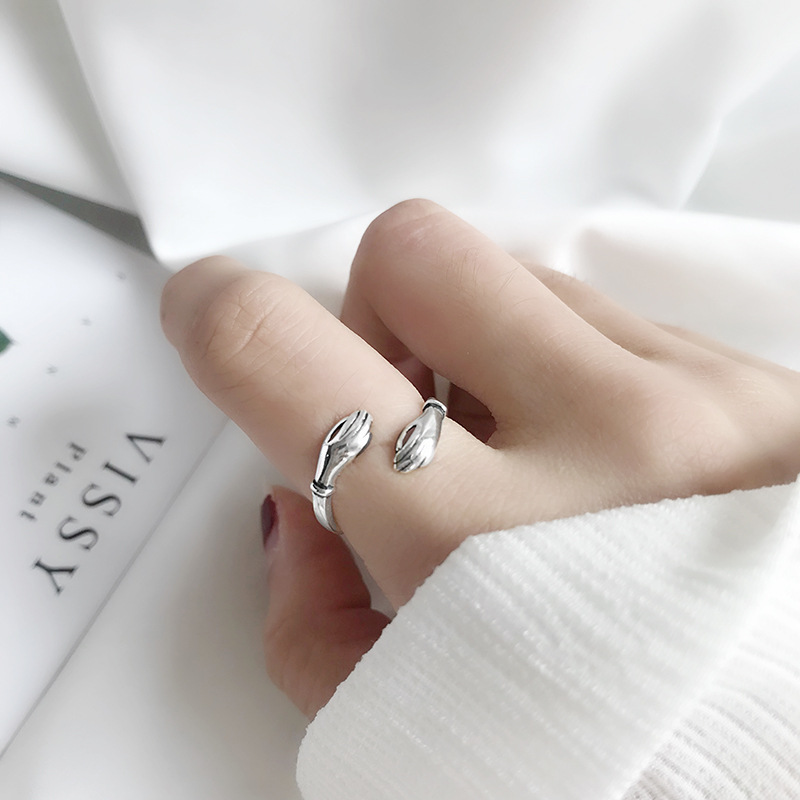 S925 Sterling Silver Personality Retro Hug Ring Korean Chic Simple Women's Ring Open Pinky Ring Jewelry