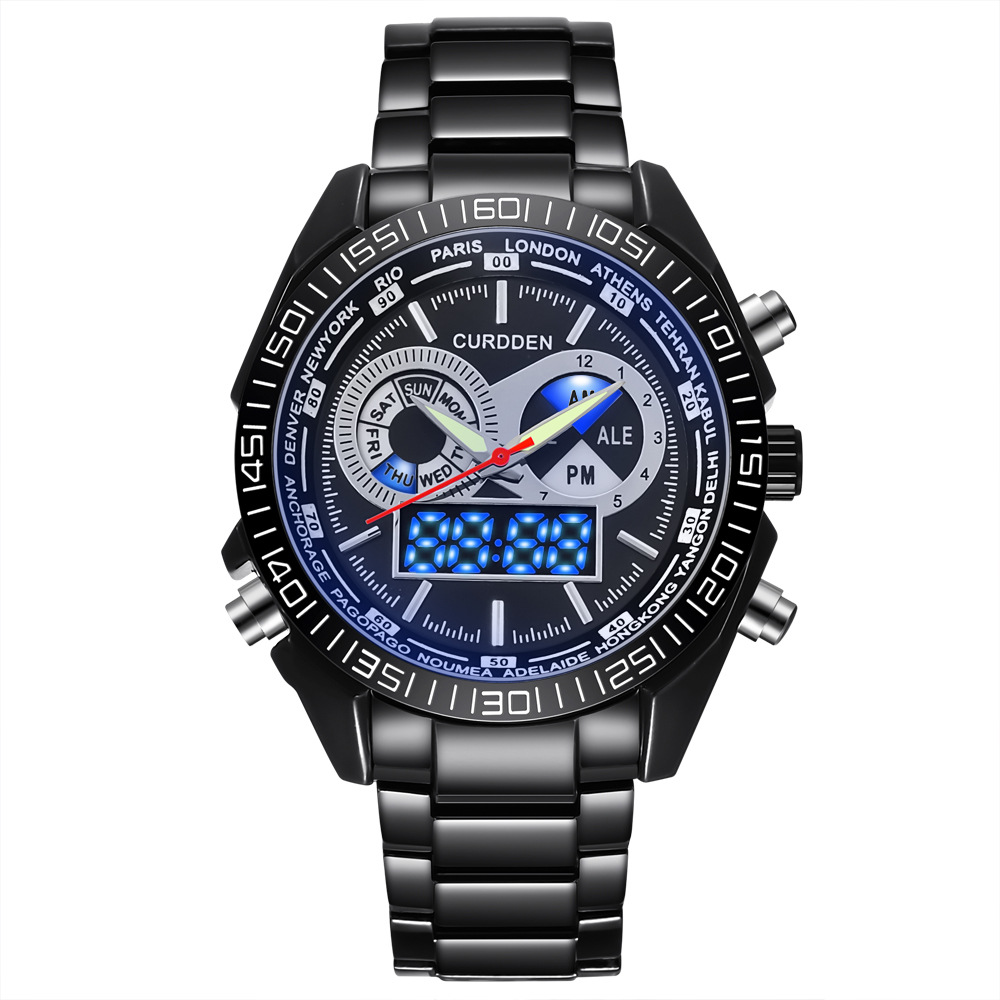 Mens Dual Time Digital Watch Stainless Steel Date Wristwatch