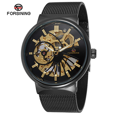 Nuevo reloj mecánico manual de la correa de acero de la moda de los hombres de FORSINING126 hueco-hacia fuera el reloj transparente del diseño para los hombres