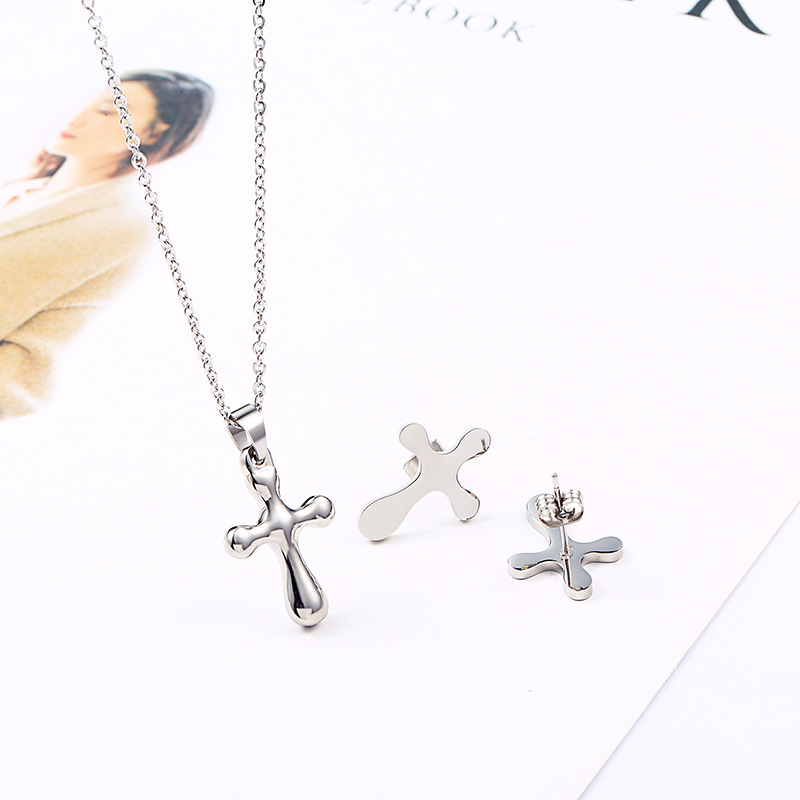 Fashion Cross Titanium Steel Polishing Gold Plated Earrings Necklace 1 Set