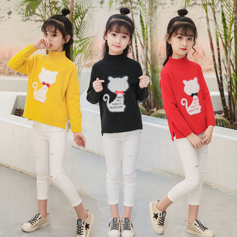 2018新款秋冬套頭小貓打底衫中大童包芯紗針織學生毛衣壹件代發