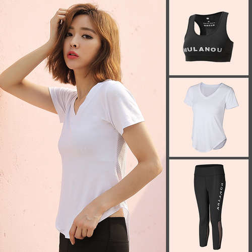 Spring and summer new fashionable hollow short-sleeved yoga clothes for women quick-drying running sports tights fitness clothes three-piece suit