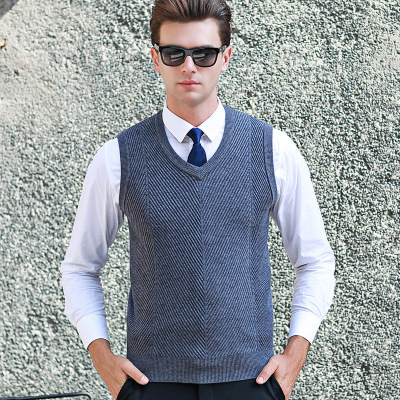 2019秋冬男士加厚纯色毛背心青年韩版100%纯羊毛提花V领无袖毛衣|ms