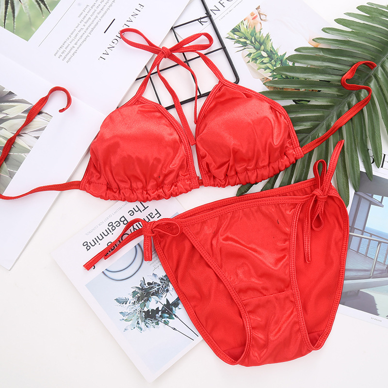 Girl's Strap Bra Cute Sexy Solid Color Soft Satin Silk Satin Bikini Underwear Suit Swimwear